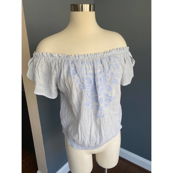 Hollister baby blue off the shoulder embroidered boho top - Picture 7 of 13